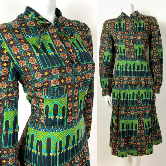 VTG 60s 70s BLACK GREEN YELLOW RED MOROCCAN TILE PSYCHEDELIC DRESS 12 14