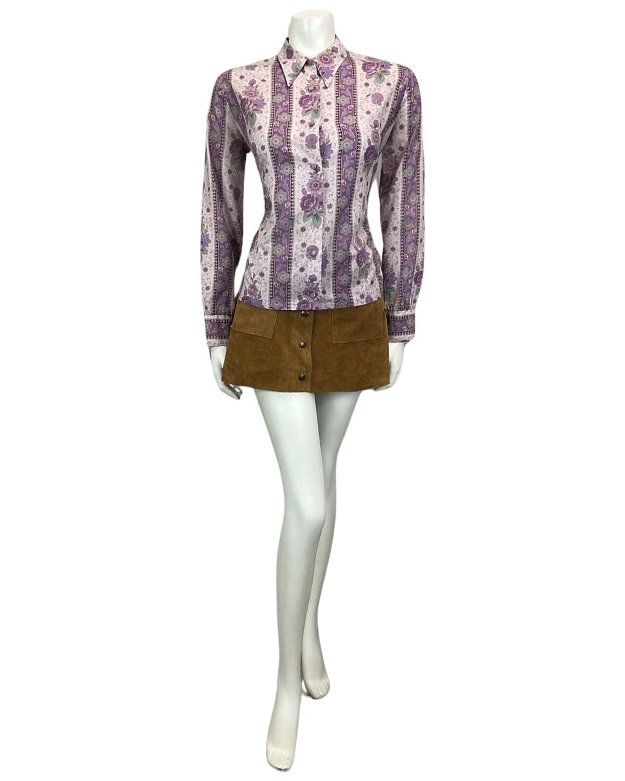 VINTAGE 60s 70s PURPLE LILAC FLORAL PAISLEY BOHO HIPPY BLOUSE 12 14