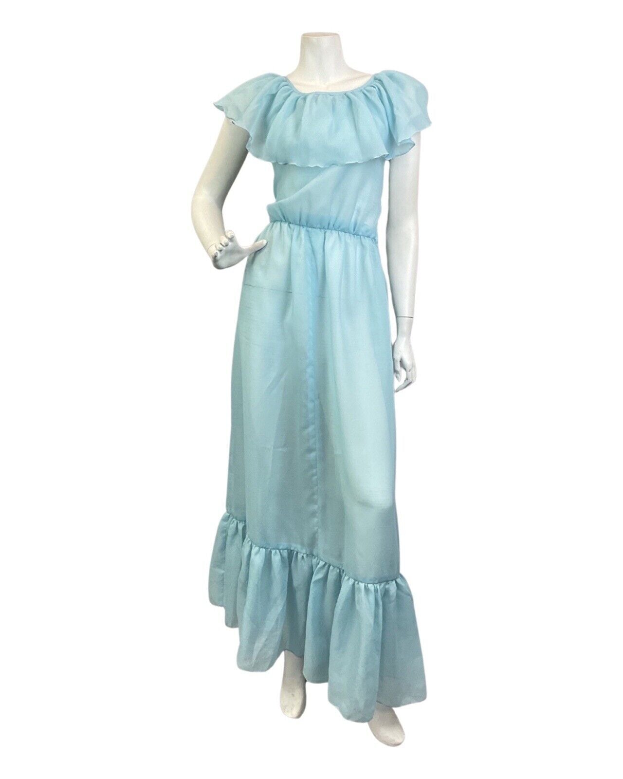 VINTAGE 70s POWDER BLUE SHEER RUFFLED BOHO PRAIRIE SUMMER MAXI DRESS 8