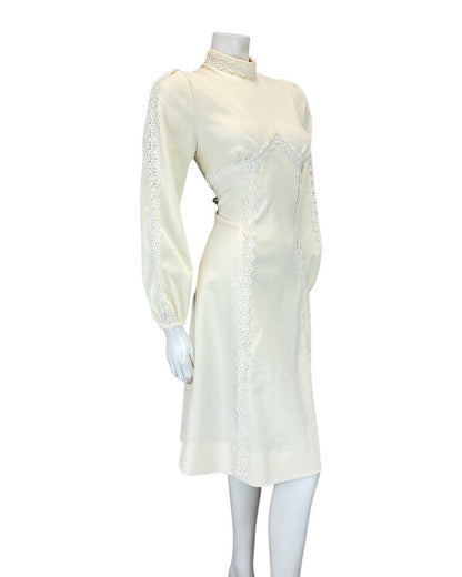 VINTAGE 60s IVORY CREAM DAISY FLOWER LACE MOD WEDDING LONG SLEEVE DRESS 10