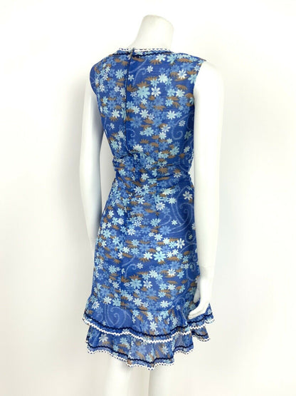 VTG 60s 70s PSYCHEDELIC BLUE WHITE BROWN FLORAL SWIRL RUFFLE TRIM DRESS 12 14