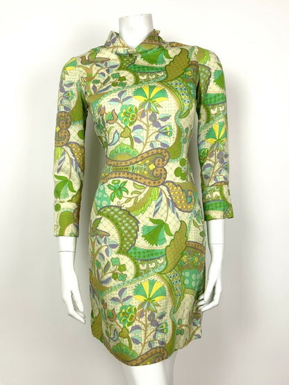 VINTAGE 60s 70s CREAM GREEN YELLOW PURPLE PSYCHEDELIC BIRD FLORAL DRESS 8