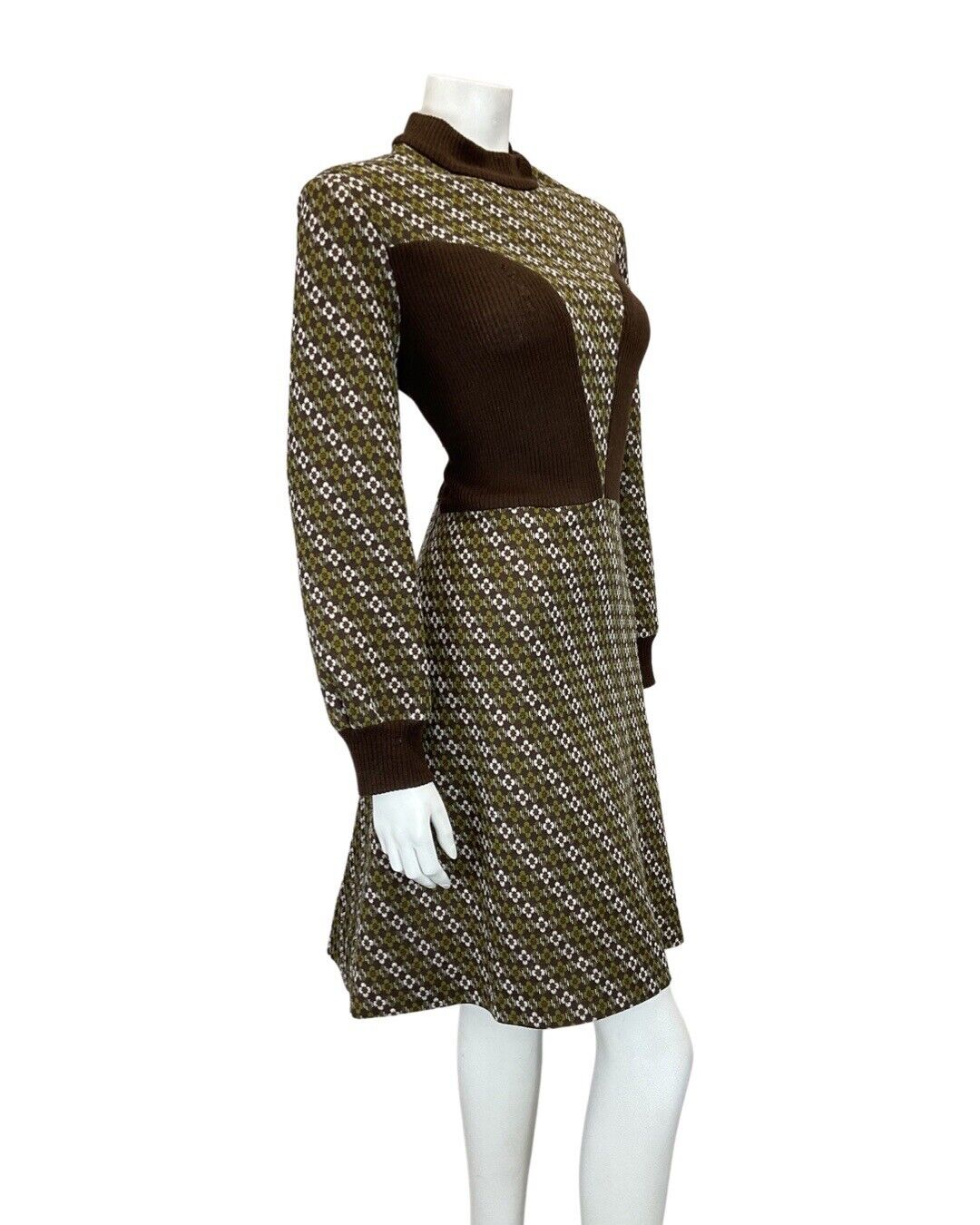 VINTAGE 60s 70s BROWN GREEN DAISY FLOWER STRIPED KNITTED LONGSLEEVE DRESS 14 16