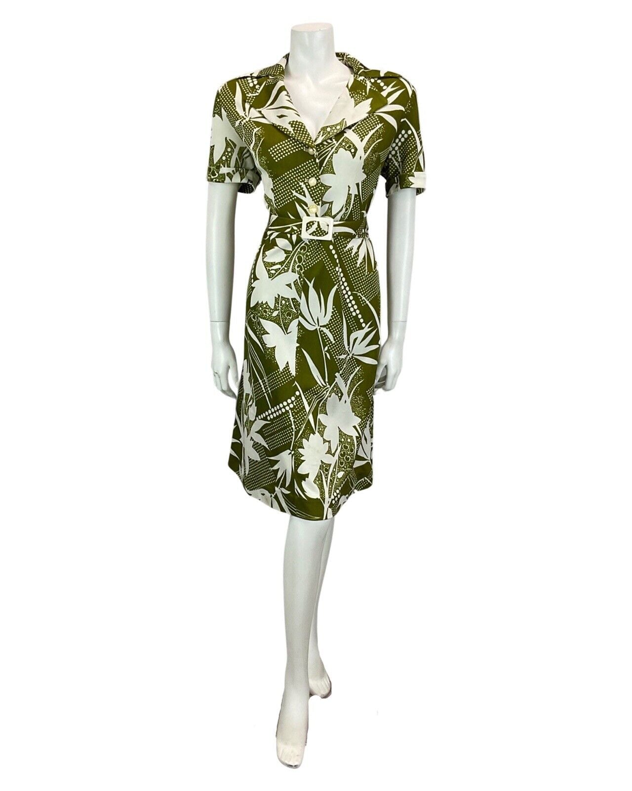 VINTAGE 60S 70S WHITE KHAKI GREEN FLORAL ABSTRACT PRINT BELTED MIDI DRESS 12 14