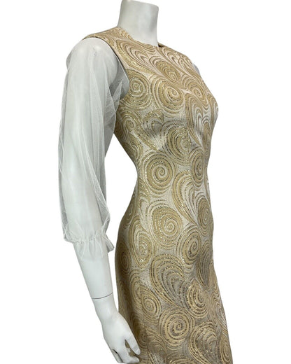 VINTAGE 60s 70s GOLD WHITE MESH MOD MINI PARTY CHRISTMAS EVENING DRESS 10