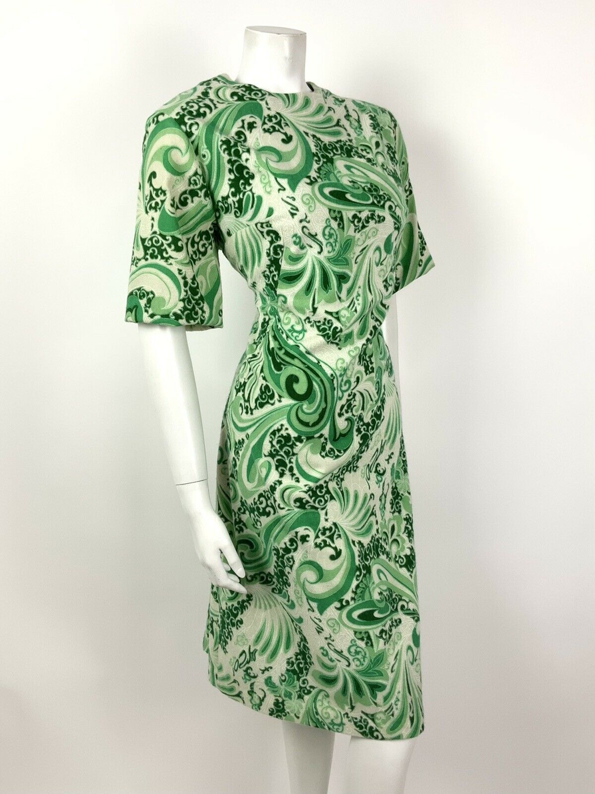 VTG 60s 70s FOREST GREEN CREAM SWIRL PSYCHEDELIC SCROLL SHIFT DRESS 14 16