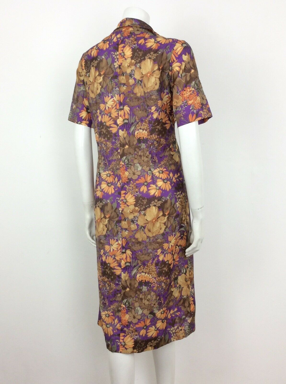 60S 70S VINTAGE BROWN PURPLE ORANGE FLORAL ABSTRACT SHIRT DRESS 14 16