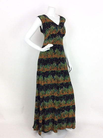 VINTAGE 60s 70s MAXI DRESS ABSTRACT LEAF TEARDROP GREEN ORANGE BLUE BLACK 14 16