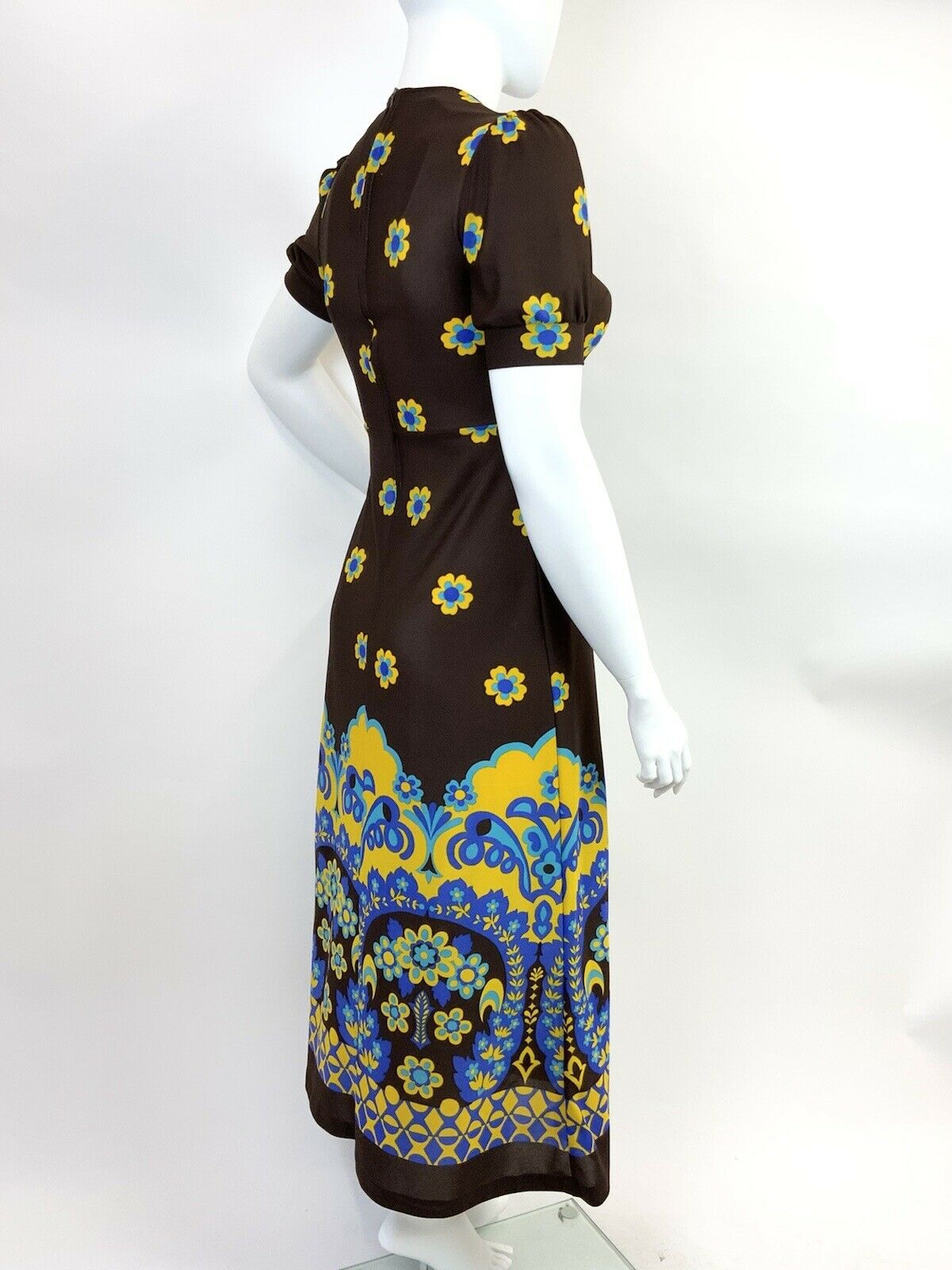 VINTAGE 60s 70s BROWN BLUE YELLOW FLORAL DECO PUFF SLEEVE MOD BOHO MAXI DRESS 16