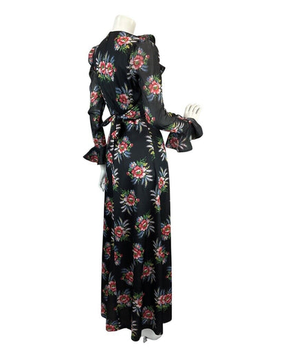 VINTAGE 60s 70s BLACK RED BLUE FLORAL BOUQUET RUFFLE BOHO MOD MAXI DRESS 10