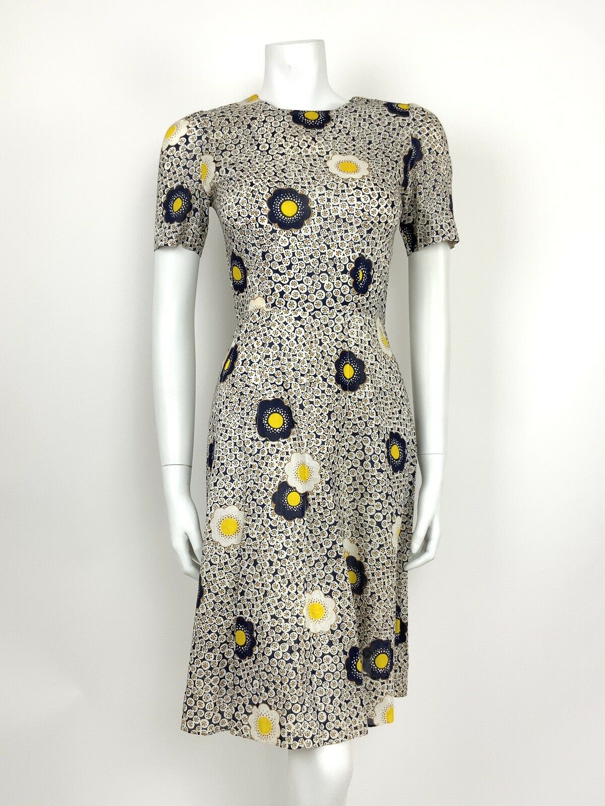 VTG 60s 70s BLUE WHITE YELLOW FLORAL MOD DAISY DOTTY DRESS SUMMER HIPPY 8