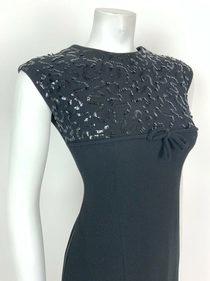 VINTAGE 60s 70s BLACK SEQUIN SQUIGGLE EMPIRE LINE DISCO PARTY SHIFT DRESS 8