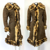 VTG 60s 70s DARK BROWN SUEDE LEATHER SHEARLING BOHO MOD PRINCESS COAT 10 12