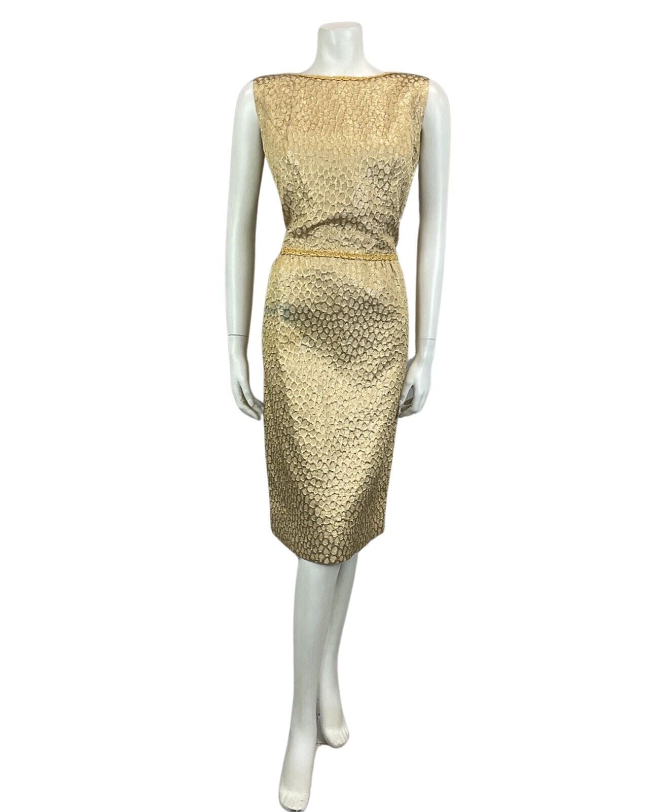 VINTAGE 60s 70s GOLD TEXTURED MOD MINI DISCO PARTY CHRISTMAS EVENING DRESS 12