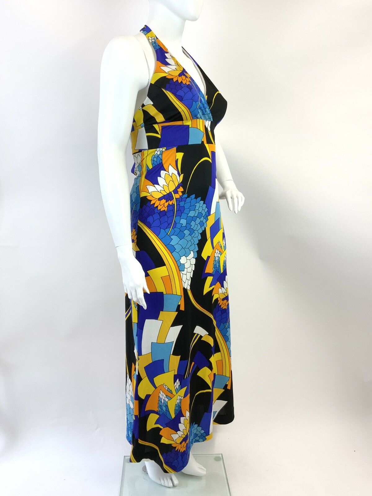 VINTAGE 60s 70s BLUE YELLOW BLACK GEOMETRIC FLORAL HALTER MAXI DRESS 14 16