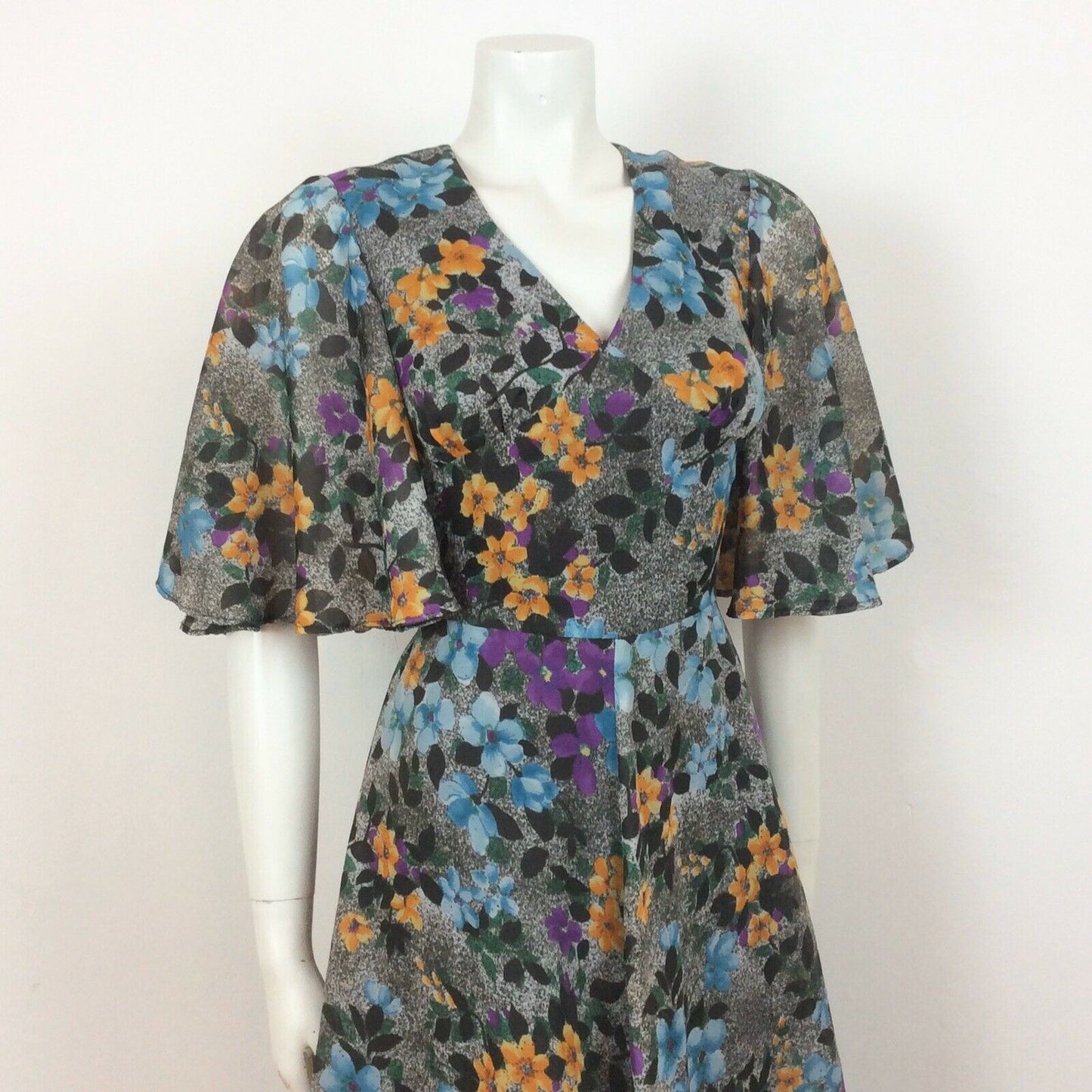 70S VINTAGE GREY GREEN BLUE PURPLE YELLOW FLOWER MAXI DRESS 10