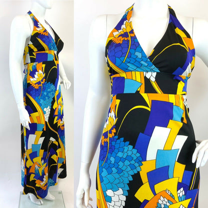 VINTAGE 60s 70s BLUE YELLOW BLACK GEOMETRIC FLORAL HALTER MAXI DRESS 14 16