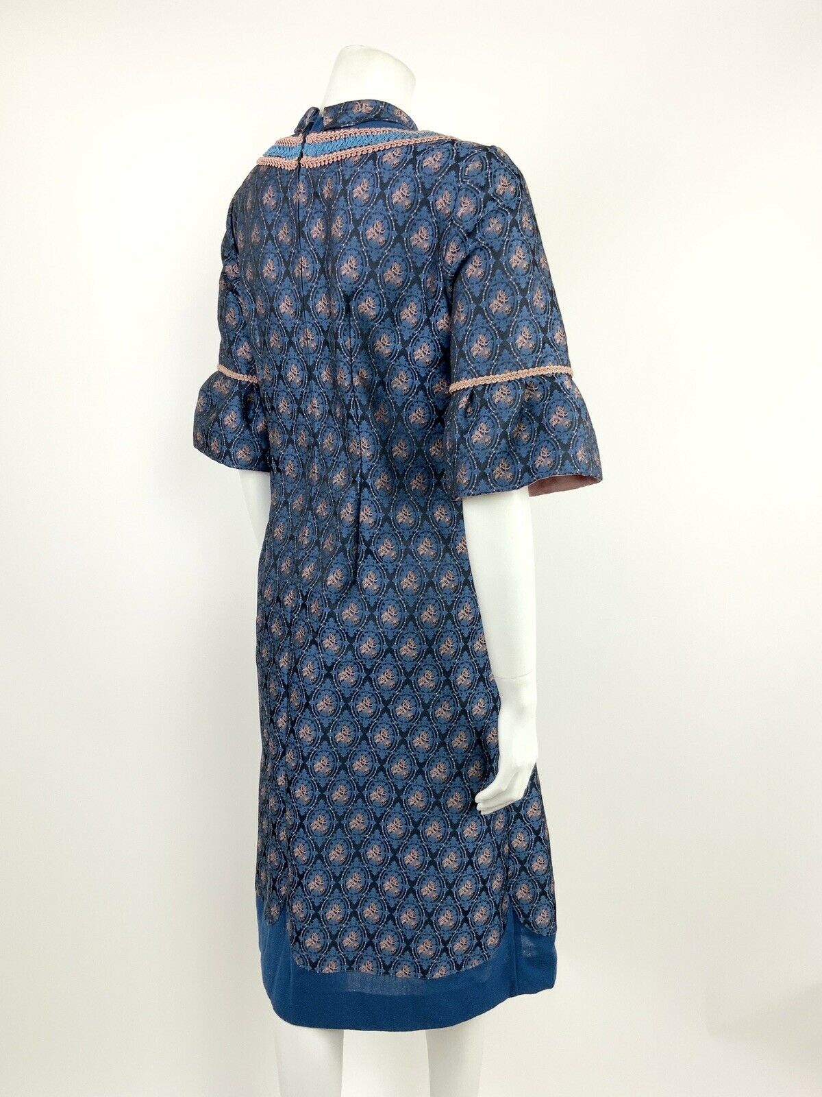 VTG 60s 70s FOLK BLUE PINK FLORAL BROCADE GLITTERY PETER PAN COLLAR DRESS 14 16