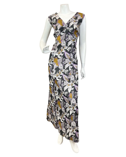 VINTAGE 60s 70s GREY BLACK PURPLE FLORAL LEAFY SLEEVELESS MAXI DRESS 16