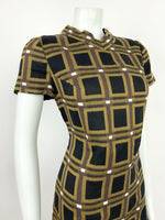 VINTAGE 60s 70s BROWN BLACK YELLOW WHITE GEOMETRIC SQUARE MOD SHIFT DRESS 10 12