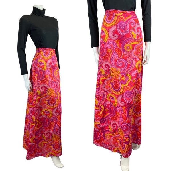 VINTAGE 60s 70s PINK YELLOW PSYCHEDELIC DAISY PAISLEY DOTTY MAXI SKIRT 8