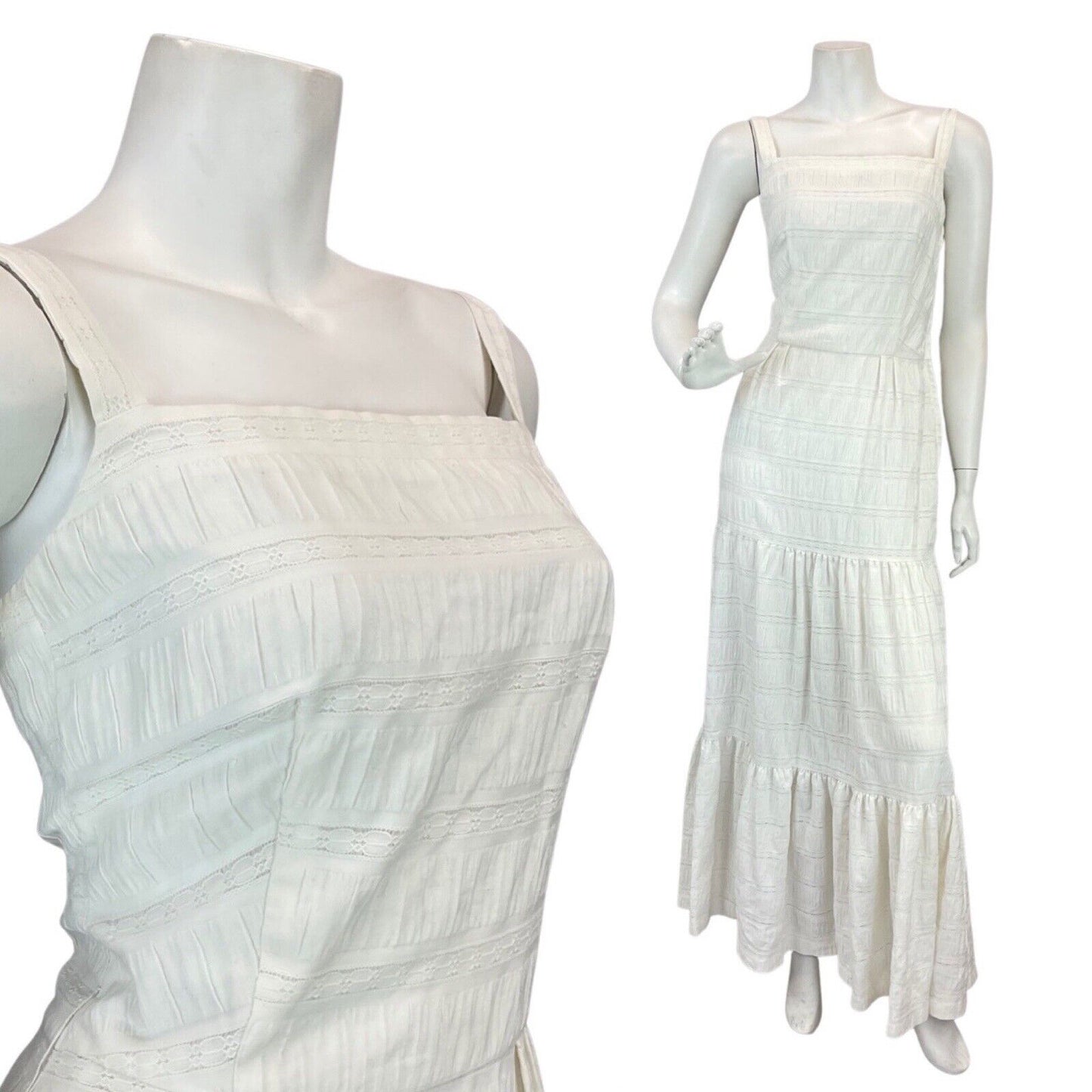 VINTAGE 60s 70s WHITE BOHO PRAIRIE FOLK SUMMER STRAPPY MAXI DRESS 6