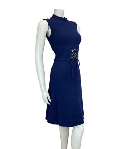 VINTAGE 60s 70s NAVY BLUE GOLD LACE-UP SLEEVELESS MOD KNEE-LENGTH WOOL DRESS