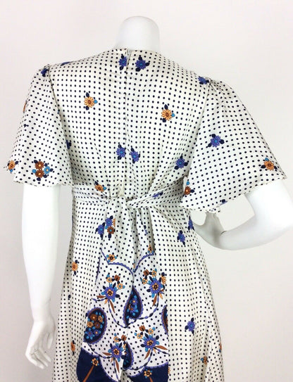 VINTAGE 60s 70s FLORAL POLKA DOT MAXI DRESS WHITE BLUE BLACK DITSY 10 12