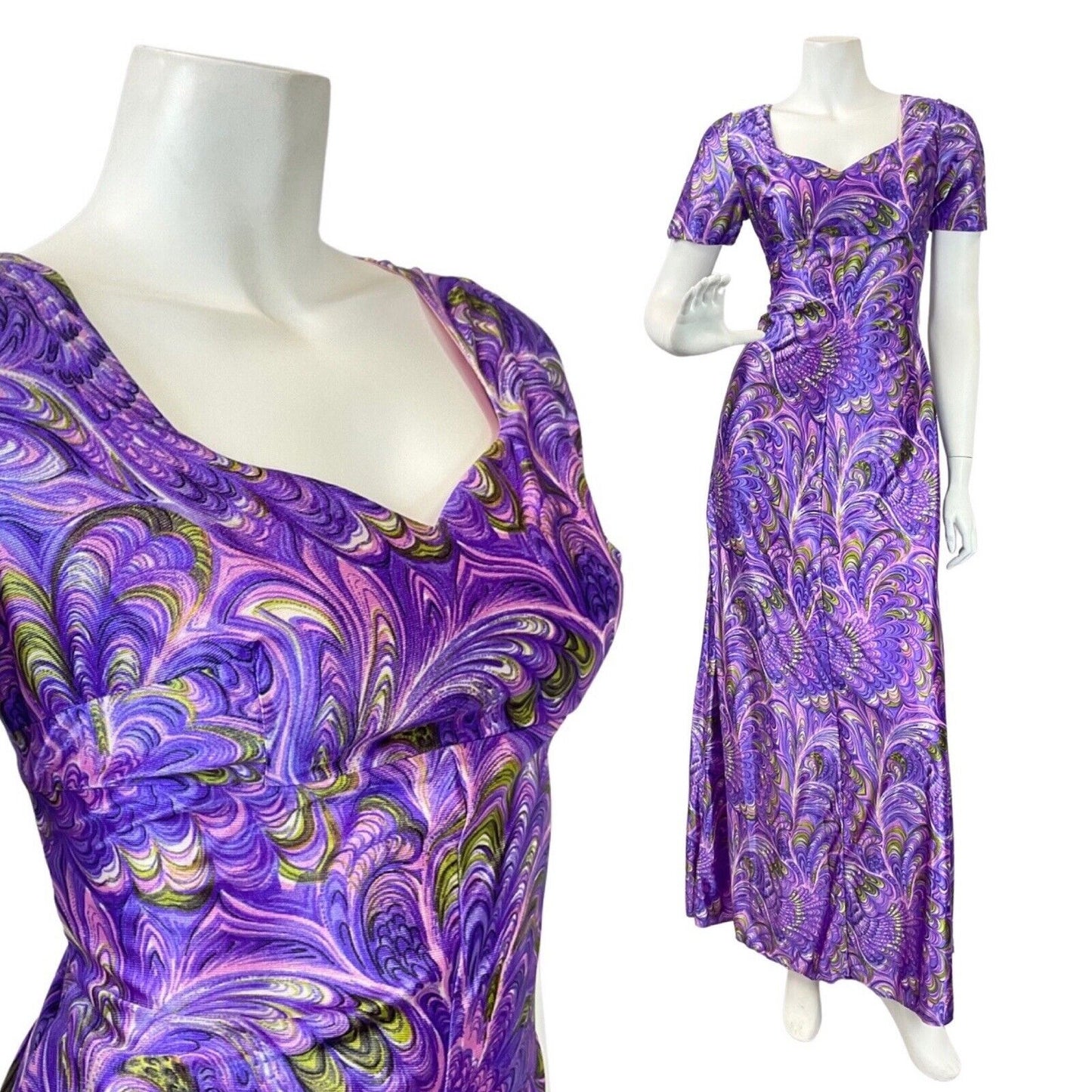 VINTAGE 70s PURPLE PINK BLUE PSYCHEDELIC FEATHER NOUVEAU EMPIRE MAXI DRESS 10