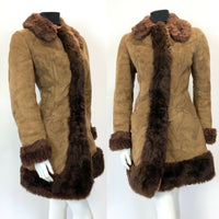 VINTAGE 60s 70s SOFT BROWN SUEDE LEATHER SHEARLING BOHO MOD PENNY LANE COAT 12