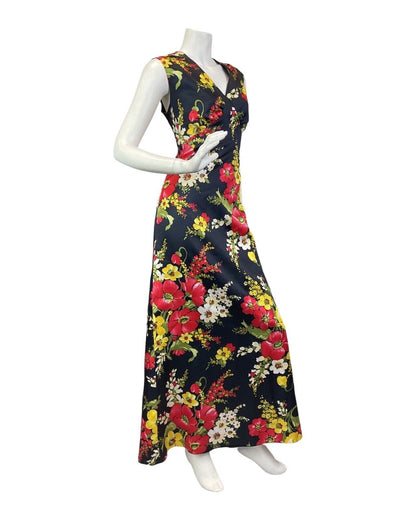 VINTAGE 60s 70s BLACK RED YELLOW PSYCHEDELIC FLORAL SLEEVELESS MAXI DRESS 10 12