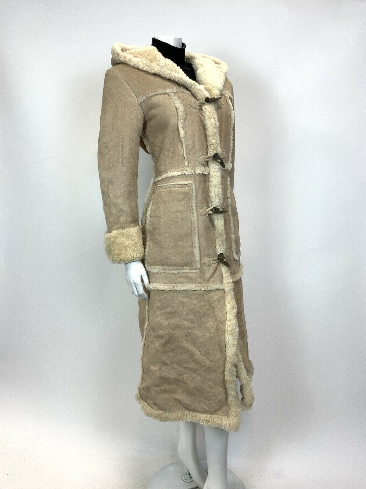 VTG 60s 70s BEIGE CREAM SHEARLING SHEEPSKIN HOODED TOGGLE BOHO MOD COAT 12 14