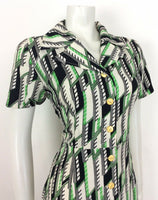 VINTAGE 70s SHIRT DRESS ABSTRACT GEOMETRIC GREEN BLACK WHITE 12 14