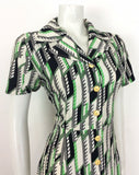 VINTAGE 70s SHIRT DRESS ABSTRACT GEOMETRIC GREEN BLACK WHITE 12 14