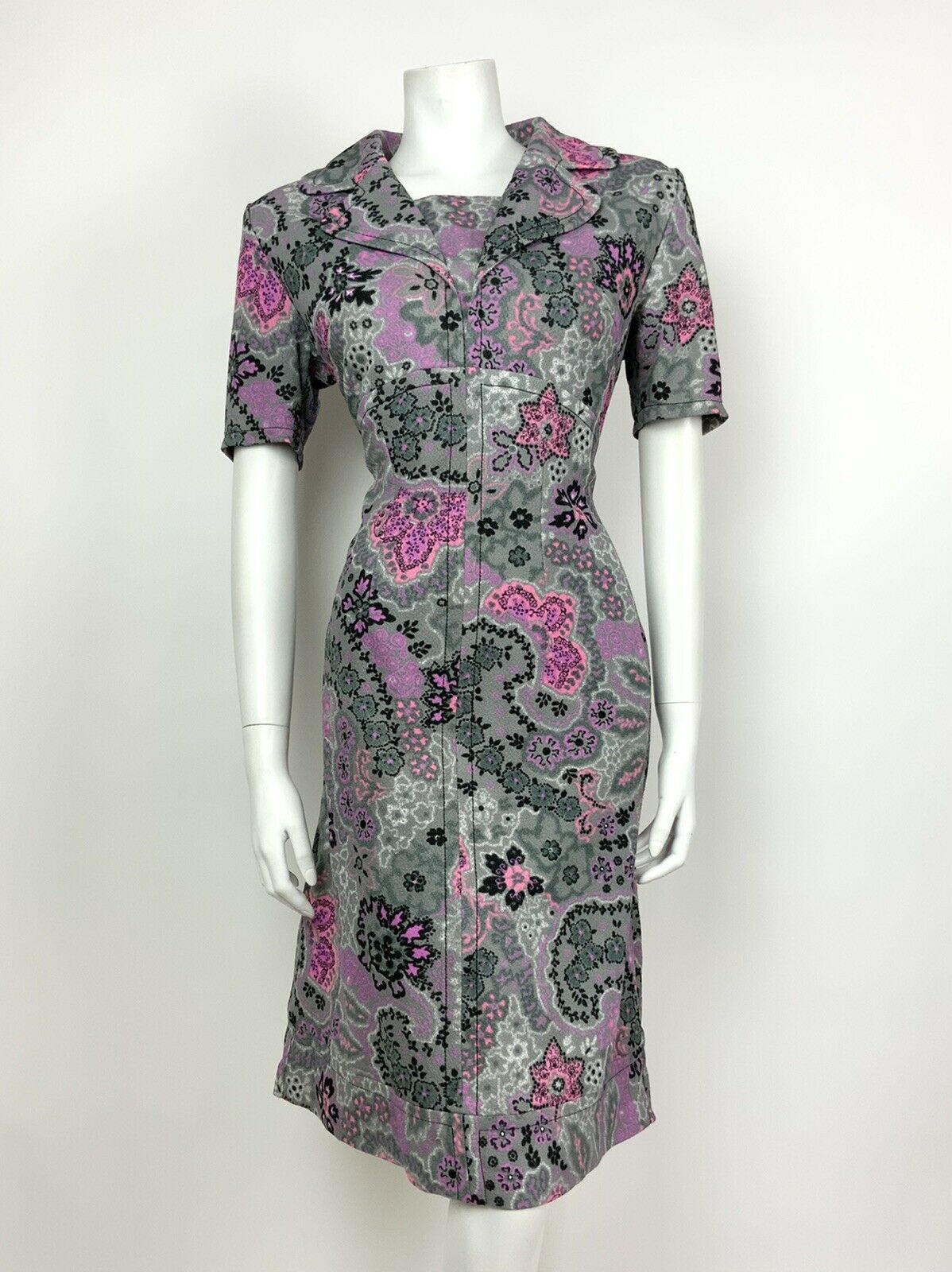 VINTAGE 60s 70s GREY PINK PURPLE BLACK PSYCHEDELIC FLORAL MIDI DRESS 12 14