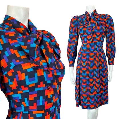 VINTAGE 60s 70s BLUE RED ORANGE GEOMETRIC PIXEL ZIG-ZAG PUSSYBOW MOD DRESS 8