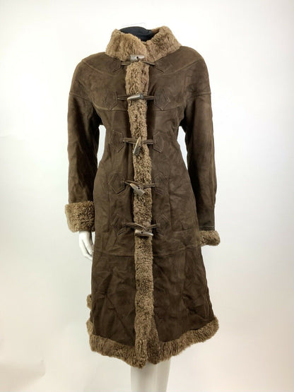 VINTAGE 60s 70s DARK BROWN SUEDE LEATHER TOGGLE FUR COLLAR ZHIVAGO BOHO COAT 14