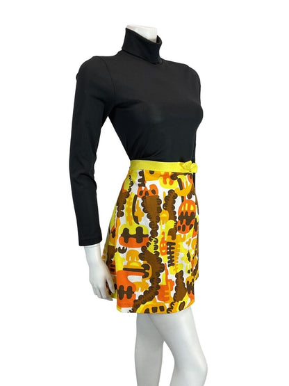 VINTAGE 60s 70s YELLOW ORANGE BROWN WHITE PSYCHEDELIC AUTUMNAL MINI SKIRT 10