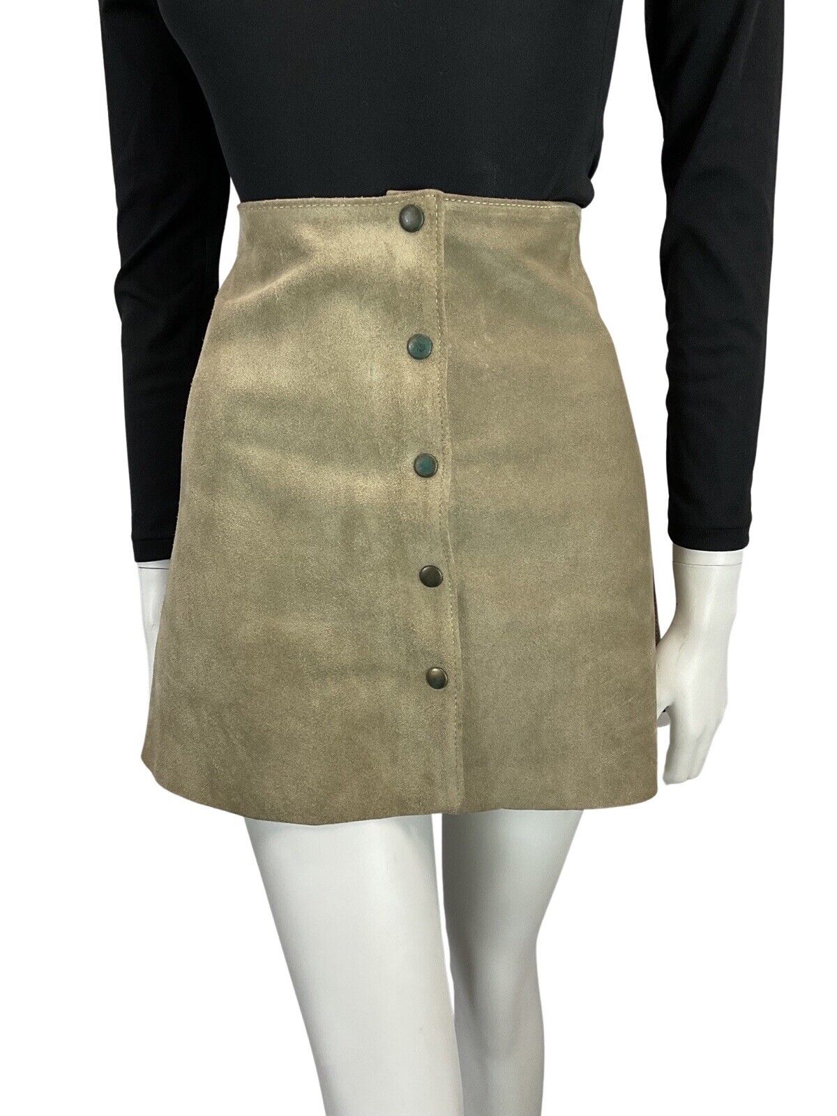 VINTAGE 60s 70s LIGHT GREY TAN SUEDE BUTTON DOWN BOHO MOD GOGO MINI SKIRT 6