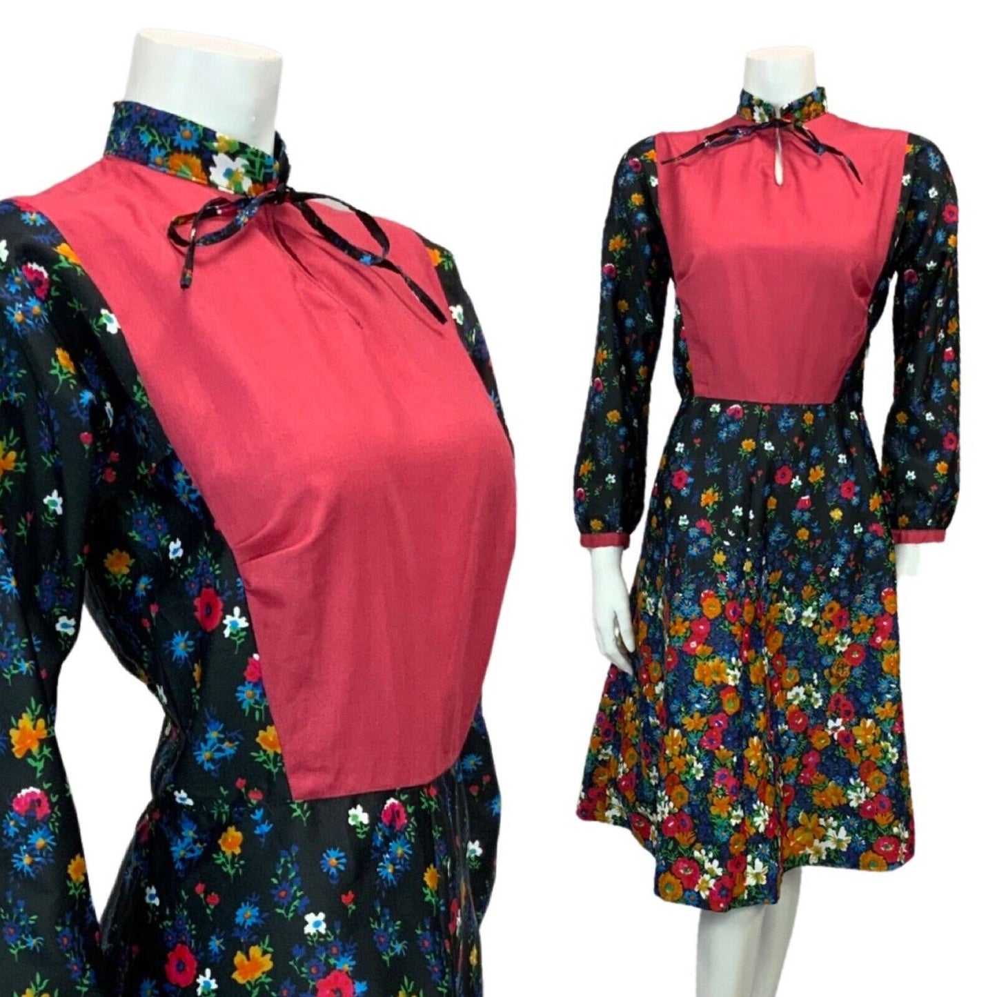 VINTAGE 60s 70s BLACK BURGUNDY BLUE ORANGE FLORAL PRINT FOLK BIB DRESS 12