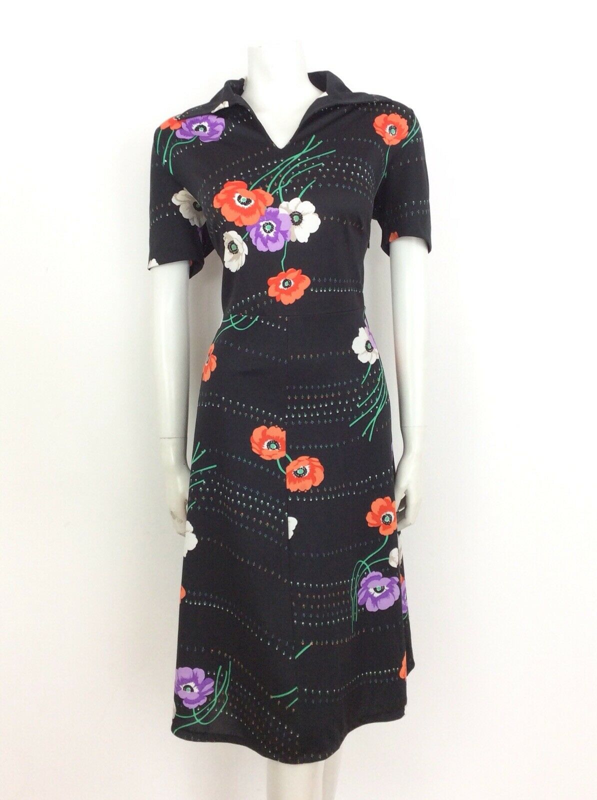 VTG 60S 70S BLACK ORANGE PURPLE PSYCHEDELIC FLOWER DRESS 14