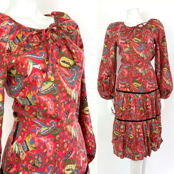 VINTAGE 60s 70s RED BLUE GREEN BLACK PAISLEY FLORAL FOLK BOHO TIERED DRESS 6 8