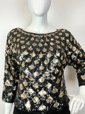 VINTAGE 70s 80s BLACK GOLD SCALES SEQUIN DISCO PARTY BATWING BLOUSE TOP 18 20