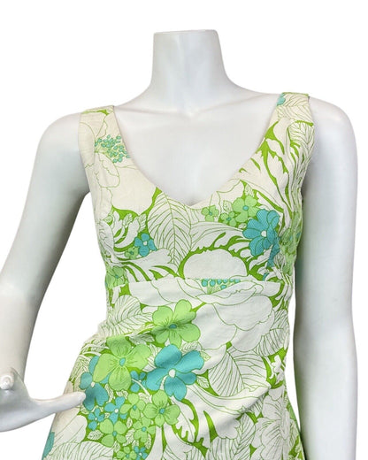 VINTAGE 60s 70s CREAM LIME GREEN FLORAL LEAFY SLEEVELESS MAXI DRESS 10