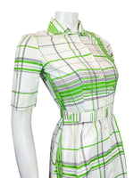 VINTAGE 60s 70s WHITE GREEN BLACK CHECKED GRID BELTED SHIRT DRESS 6 8