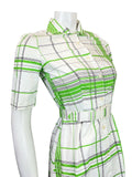 VINTAGE 60s 70s WHITE GREEN BLACK CHECKED GRID BELTED SHIRT DRESS 6 8