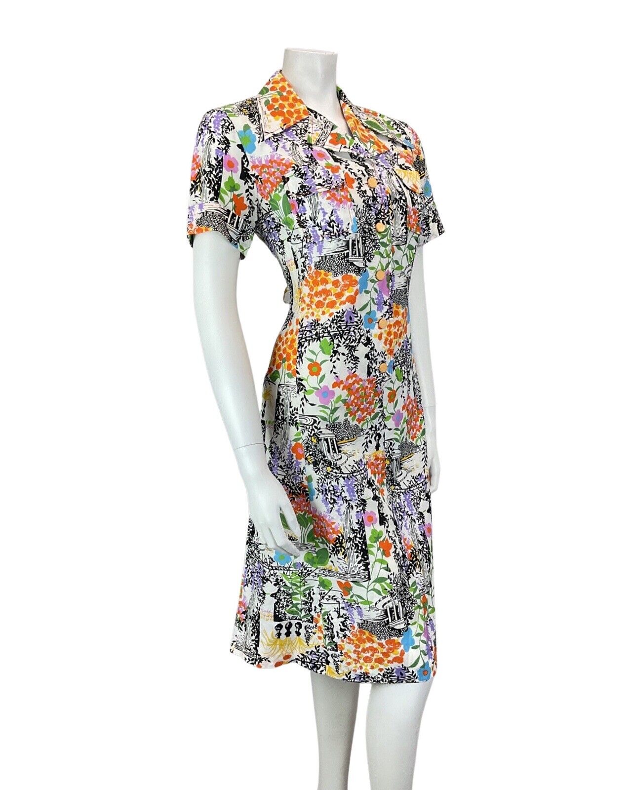 VINTAGE 60s 70s WHITE BLACK ORANGE FLORAL LEAFY BANDSTAND MOD SHIRT DRESS 12