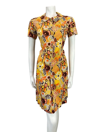 VINTAGE 60s 70s YELLOW BEIGE ORANGE FLORAL MOD PETER PAN SHIRT DRESS 12 14