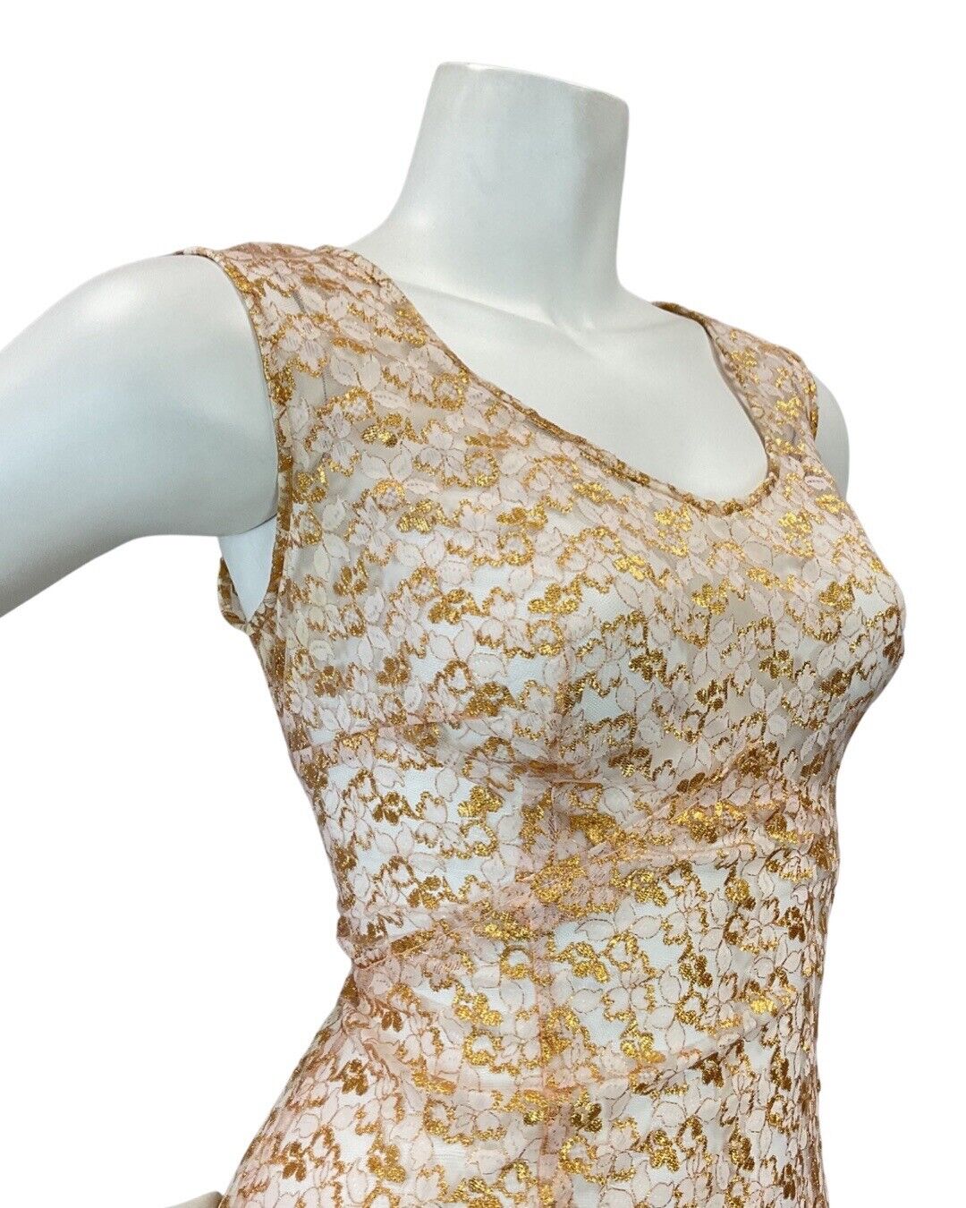 VINTAGE 60s 70s GOLD WHITE FLORAL LACE SHEER SLEEVELESS PARTY MAXI DRESS 8 10