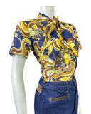 VINTAGE 60s 70s BLUE YELLOW BROWN PSYCHEDELIC SWIRL PUSSYBOW BLOUSE TOP 12 14